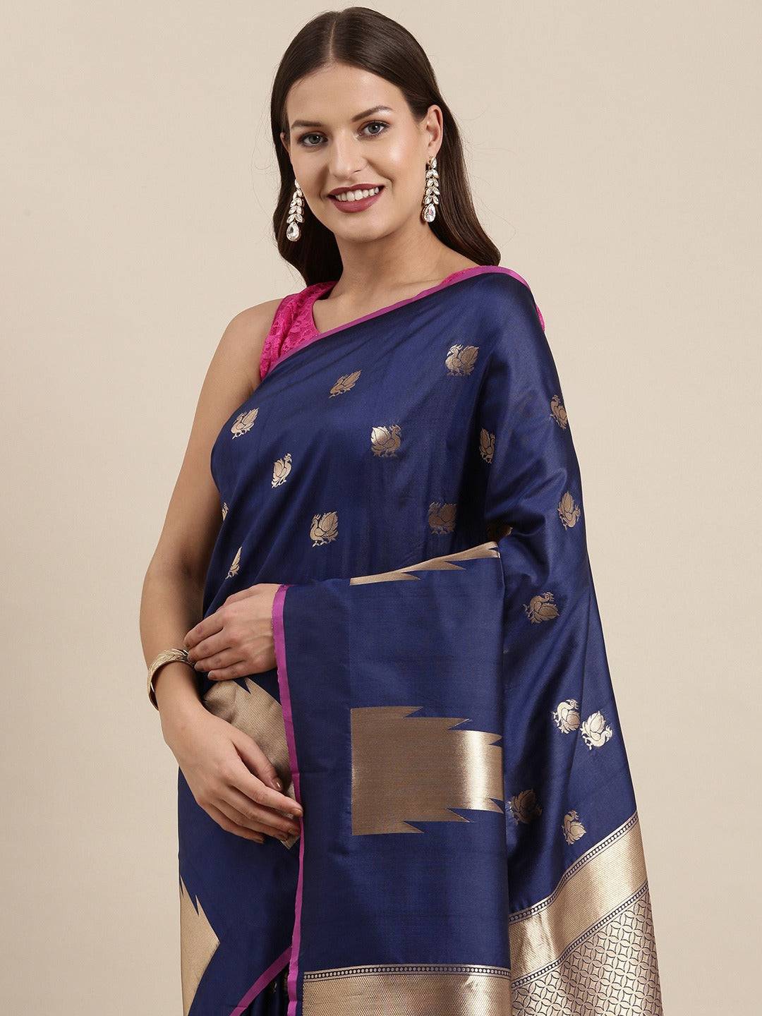 Navy Colour Banarasi Katan Silk Kanchi Zari Weaving Saree