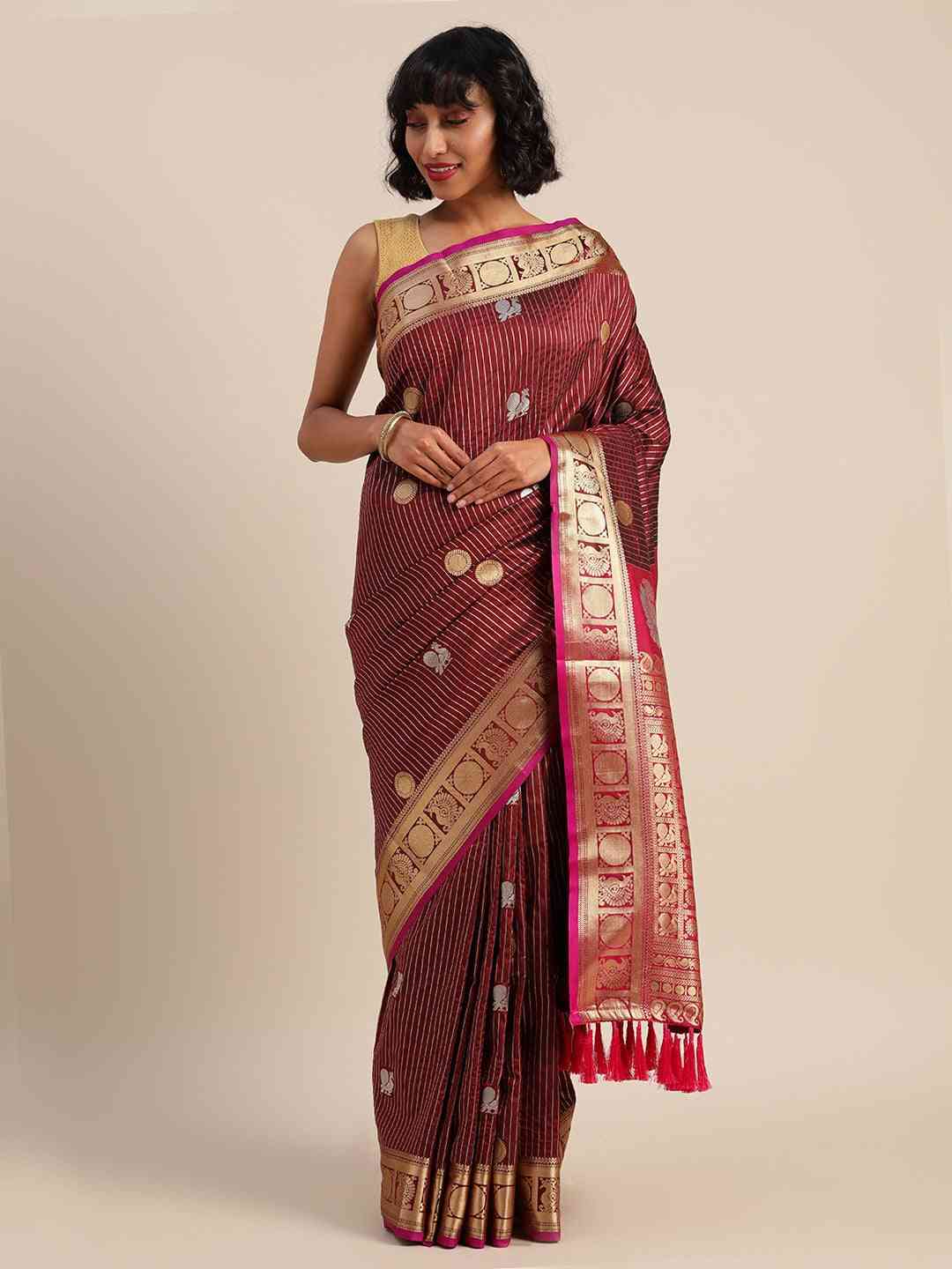 Beautiful Zari Woven Maroon Colour Silk Banarasi Saree