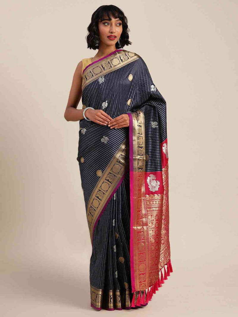 Beautiful Zari Woven Navy Colour Silk Banarasi Saree