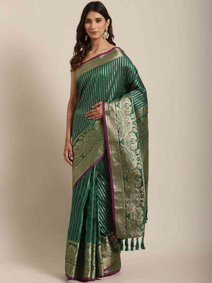 Banarasi Striped Bottle Green Colour Silk Blend Saree