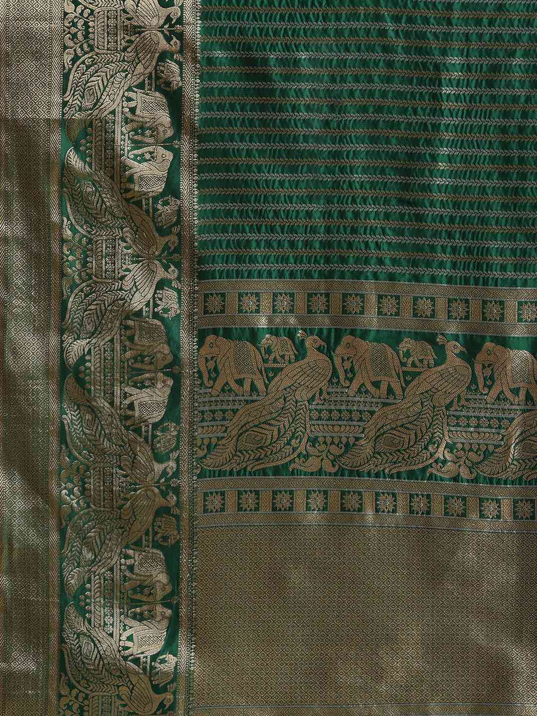 Banarasi Striped Bottle Green Colour Silk Blend Saree