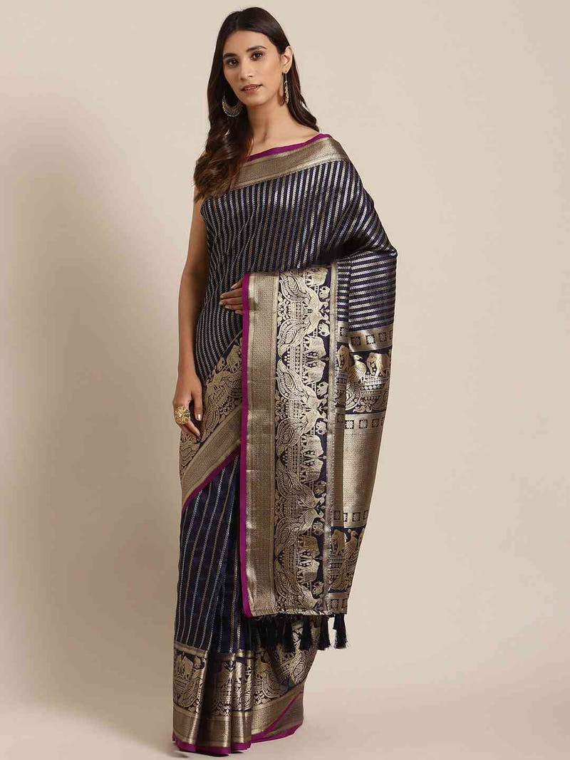 Banarasi Striped Navy Colour Silk Blend Saree