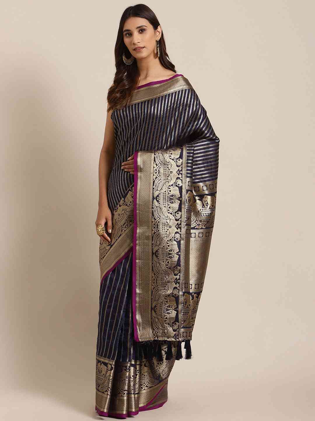Banarasi Striped Navy Colour Silk Blend Saree