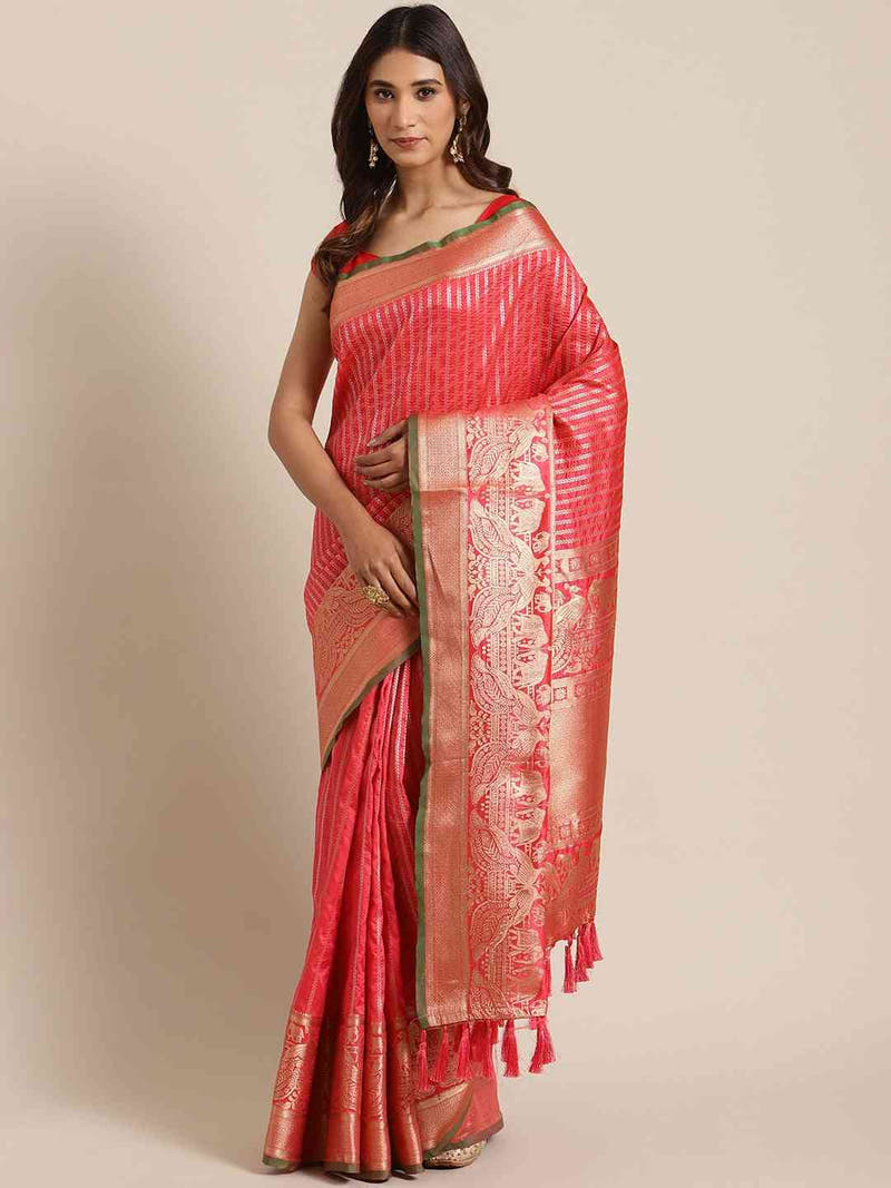 Banarasi Striped Gajari Colour Silk Blend Saree