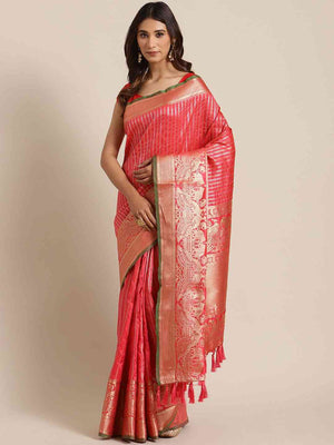 Banarasi Striped Gajari Colour Silk Blend Saree