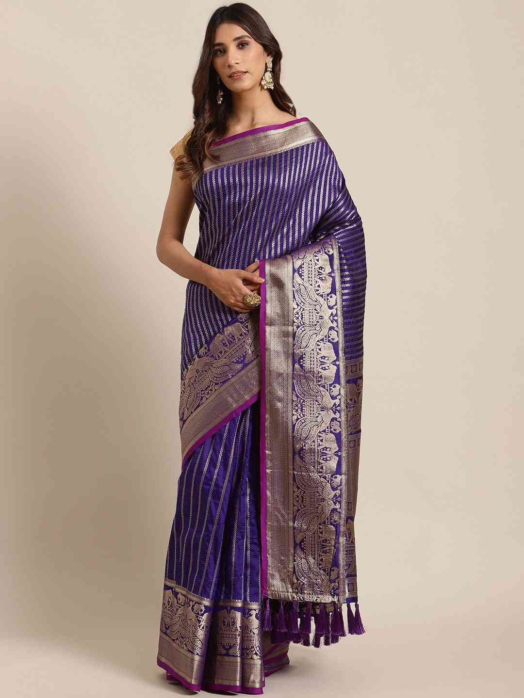 Banarasi Striped Purple Colour Silk Blend Saree