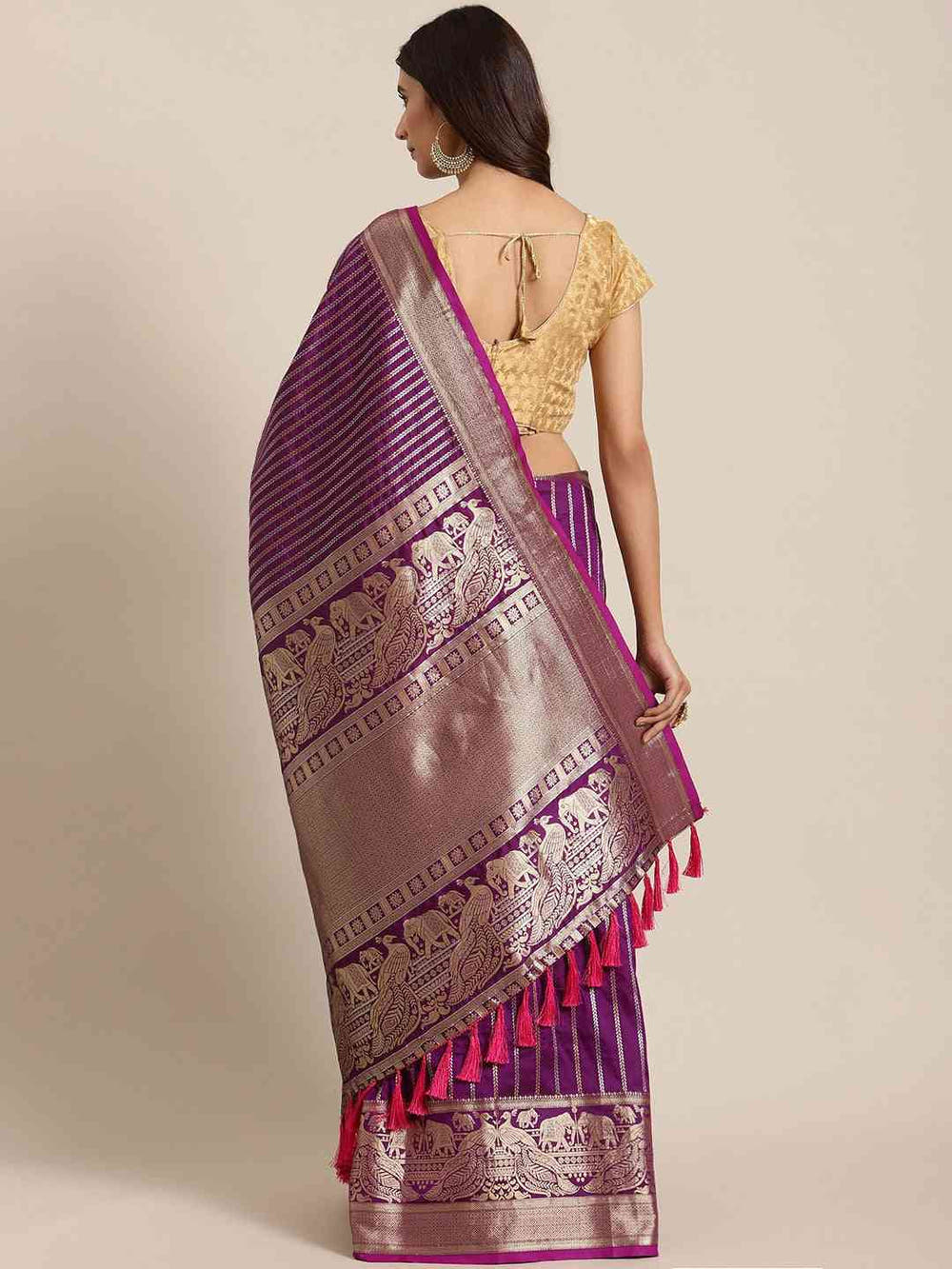Banarasi Striped Wine Colour Silk Blend Saree