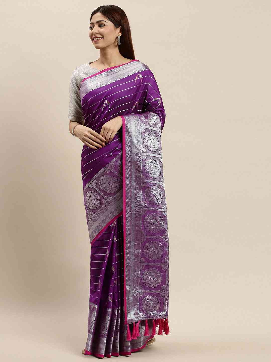 Banarasi Striped Purple Colour Silk Blend Saree