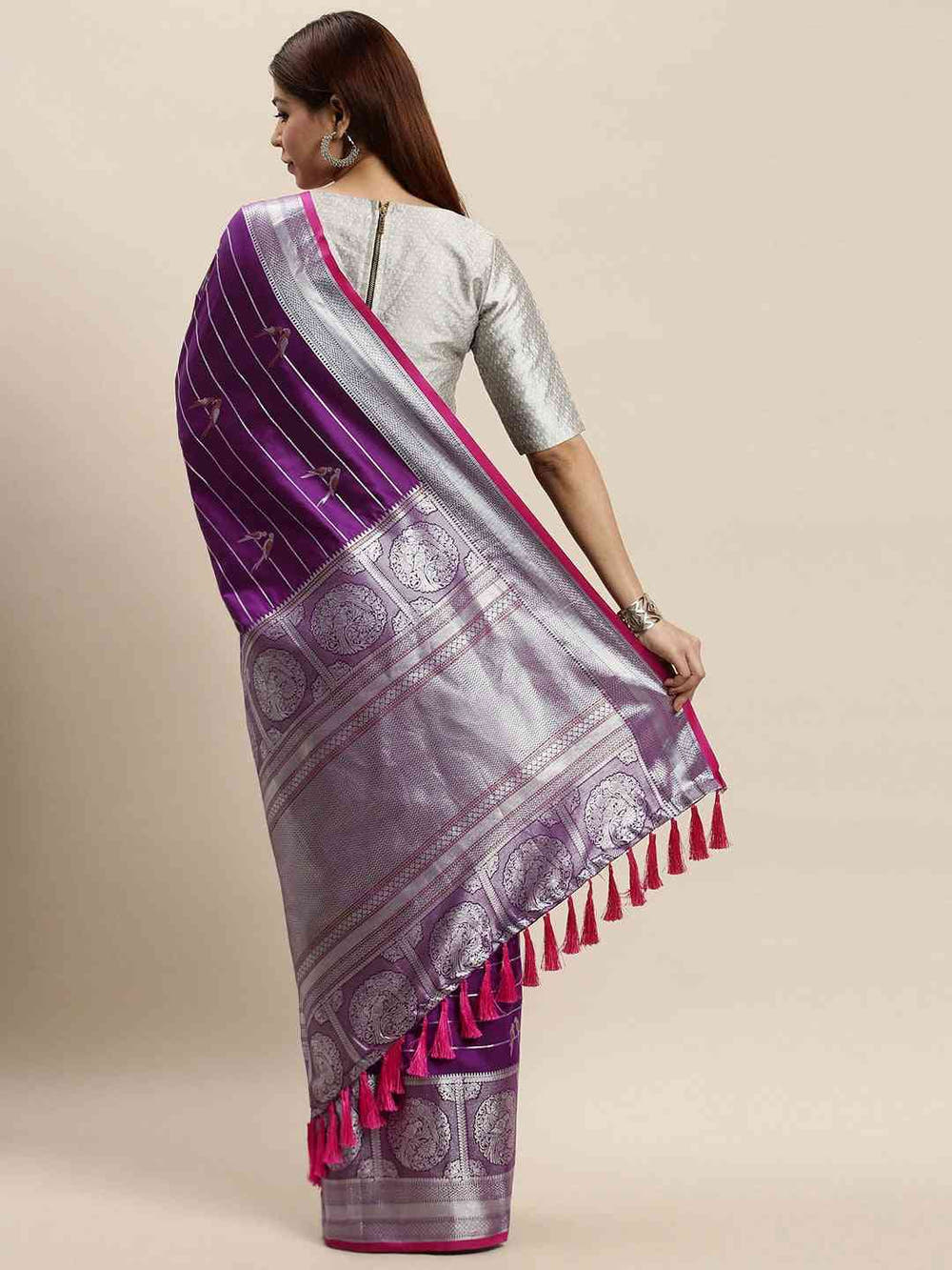 Banarasi Striped Purple Colour Silk Blend Saree