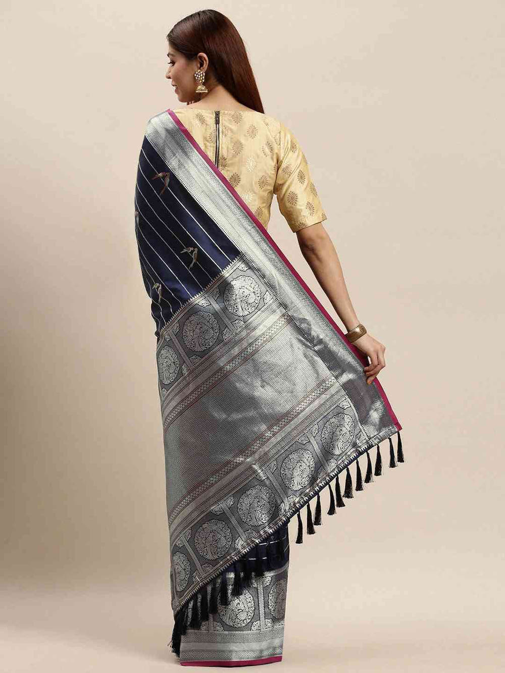 Banarasi Striped Navy  Colour Silk Blend Saree