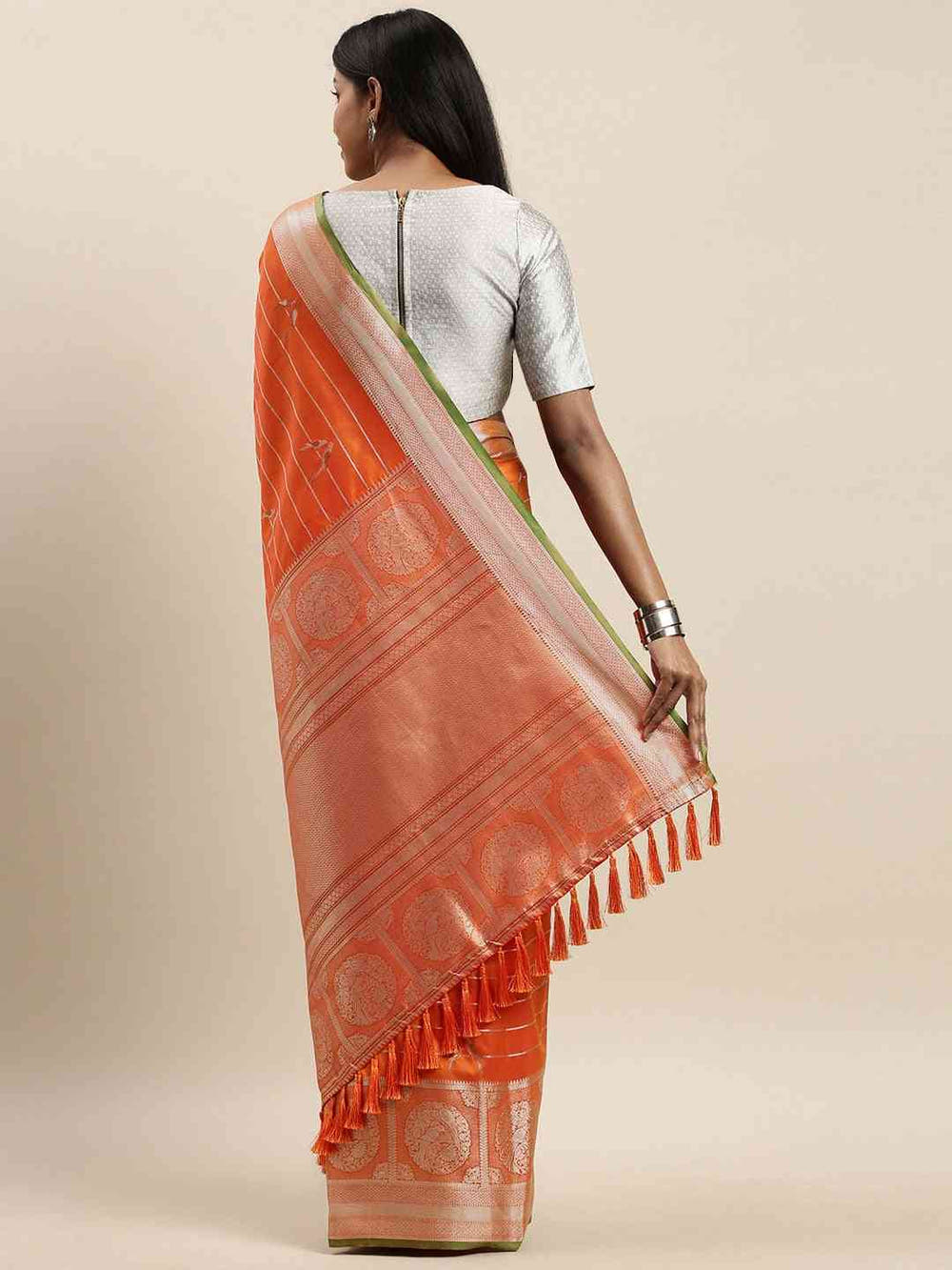 Banarasi Striped Orange Colour Silk Blend Saree