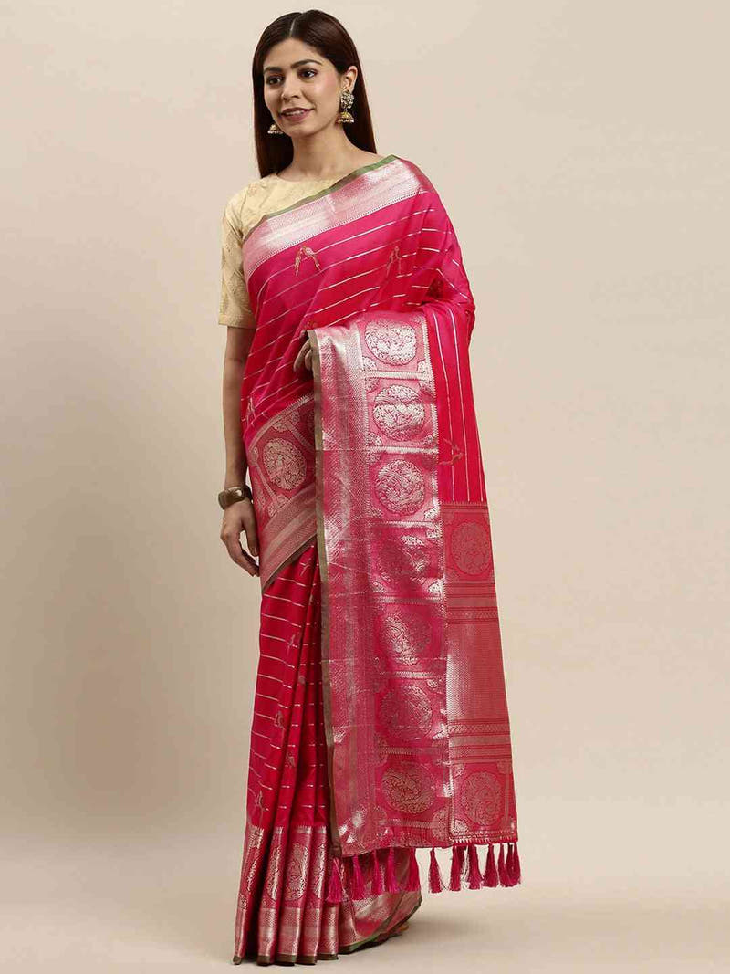 Banarasi Striped Rani Colour Silk Blend Saree