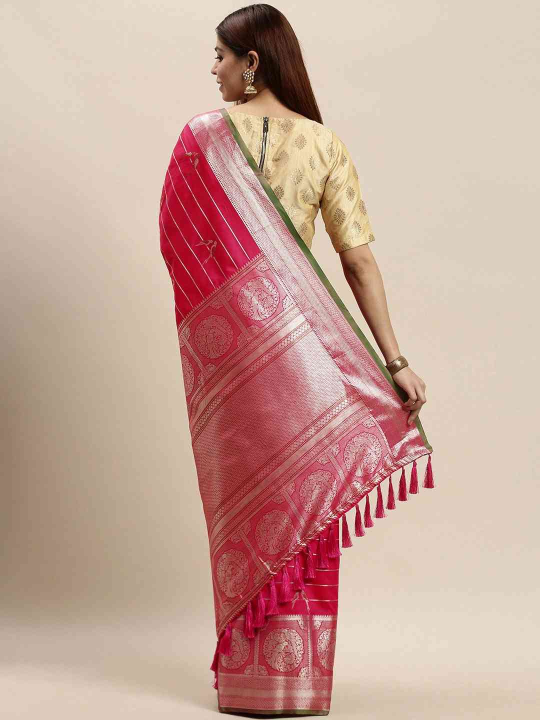 Banarasi Striped Rani Colour Silk Blend Saree
