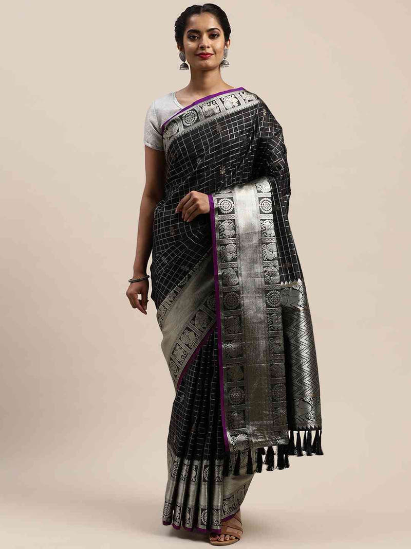 Stylish Black Colour Checked Banarasi Saree