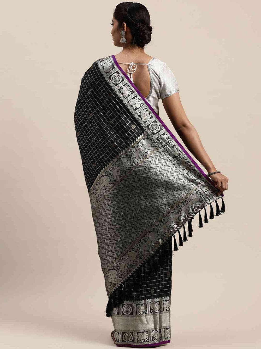 Stylish Black Colour Checked Banarasi Saree