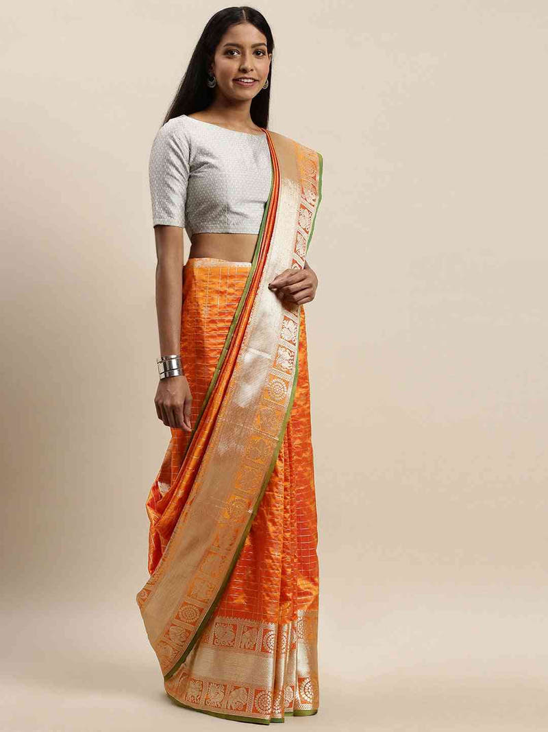 Stylish Orange Colour Checked Banarasi Saree