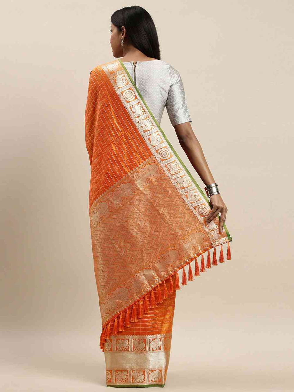 Stylish Orange Colour Checked Banarasi Saree