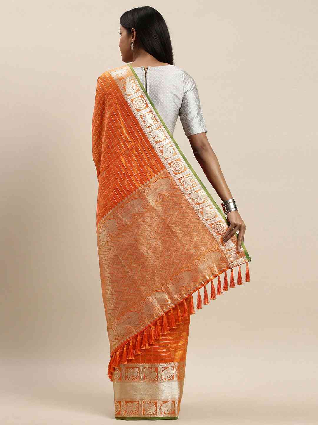 Stylish Orange Colour Checked Banarasi Saree