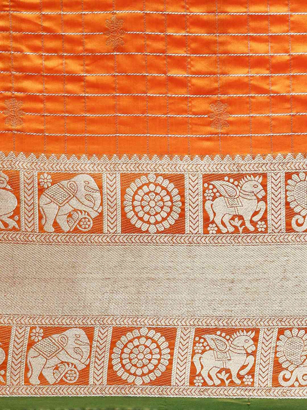 Stylish Orange Colour Checked Banarasi Saree