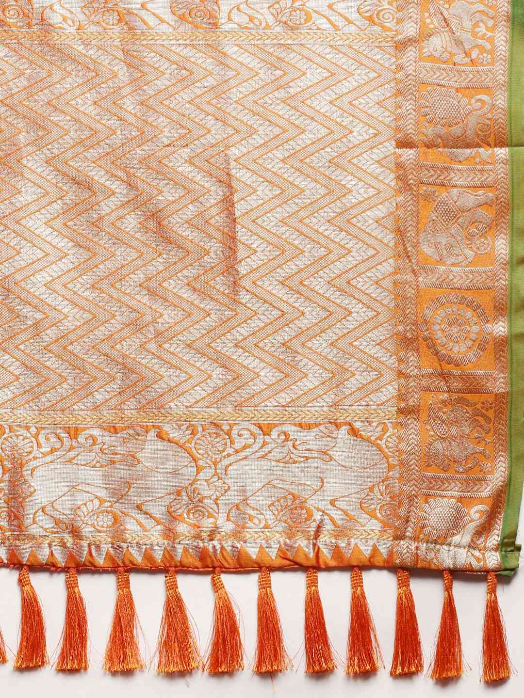 Stylish Orange Colour Checked Banarasi Saree