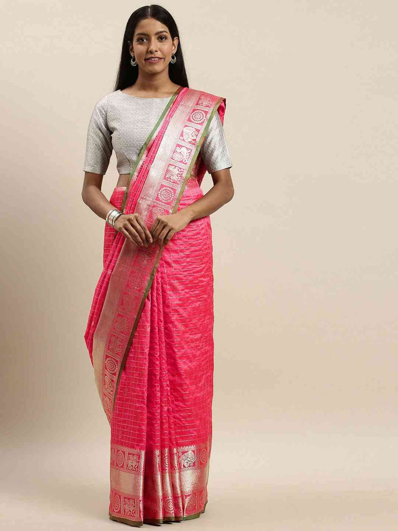 Stylish Pink Colour Checked Banarasi Saree
