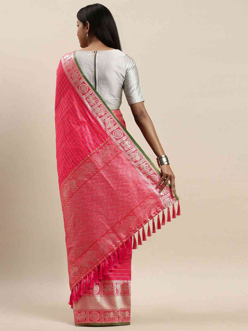 Stylish Pink Colour Checked Banarasi Saree