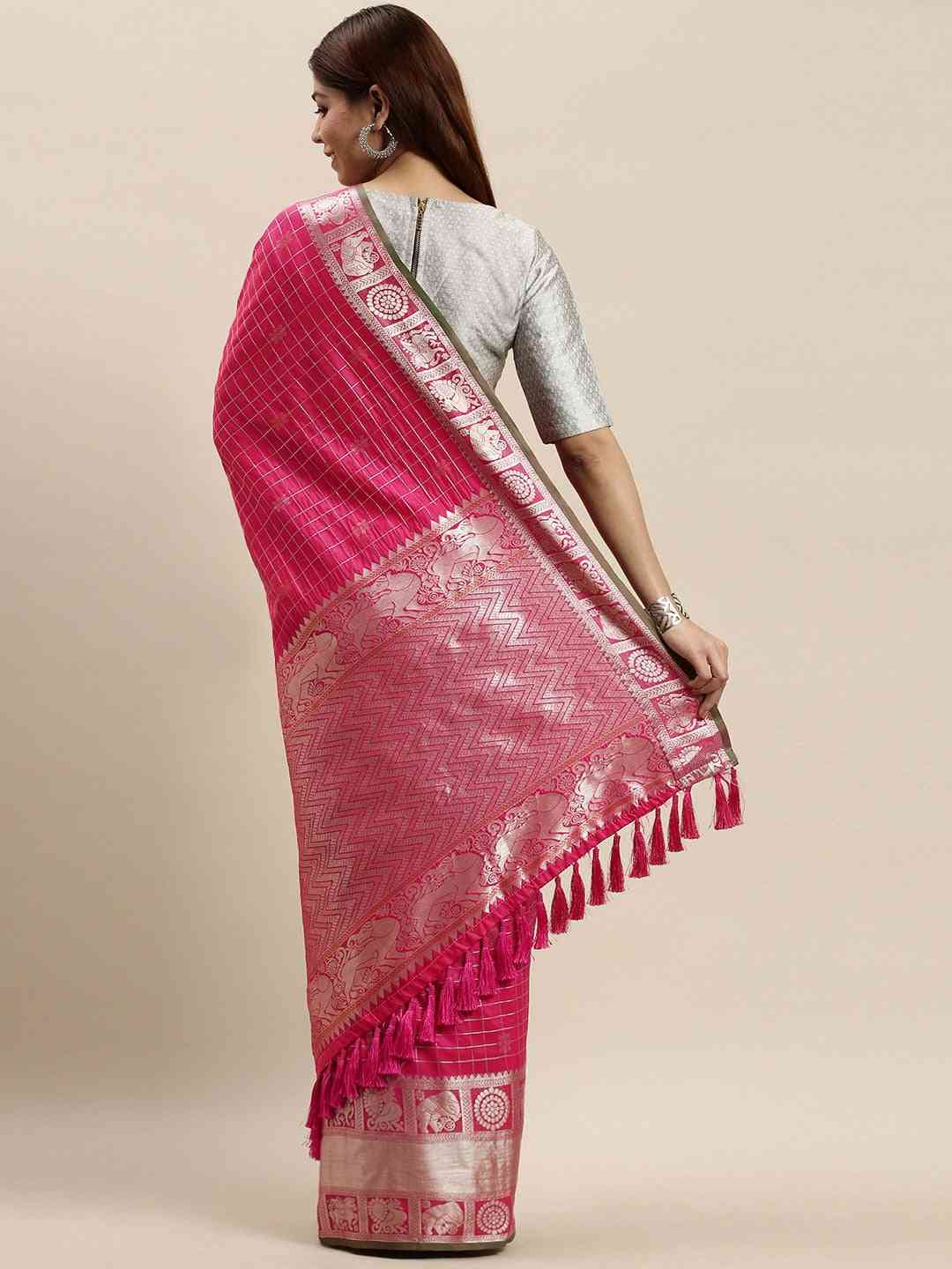 Stylish Rani Colour Checked Banarasi Saree