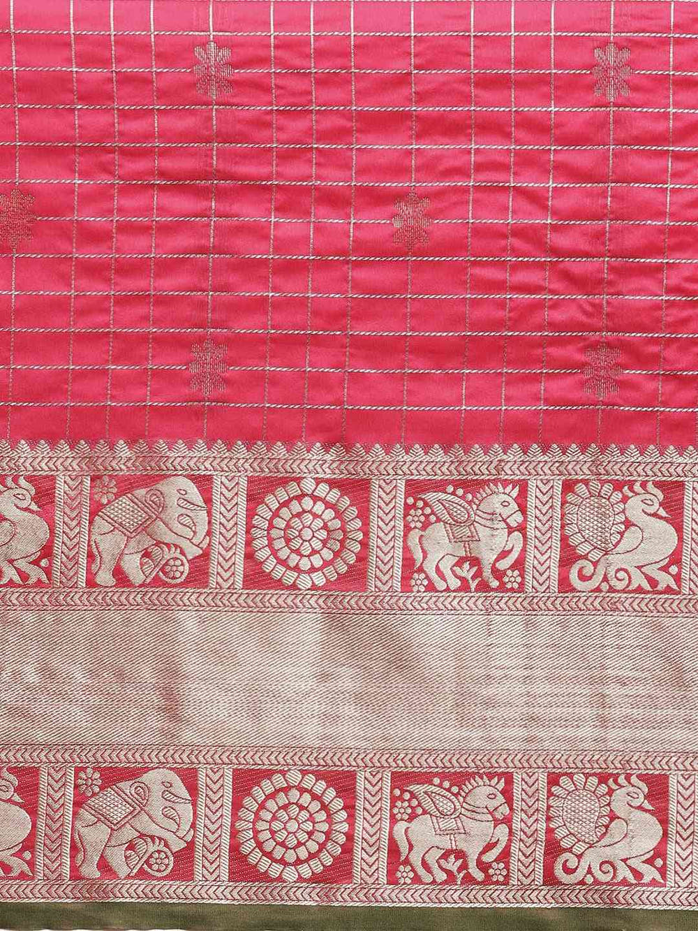 Stylish Rani Colour Checked Banarasi Saree