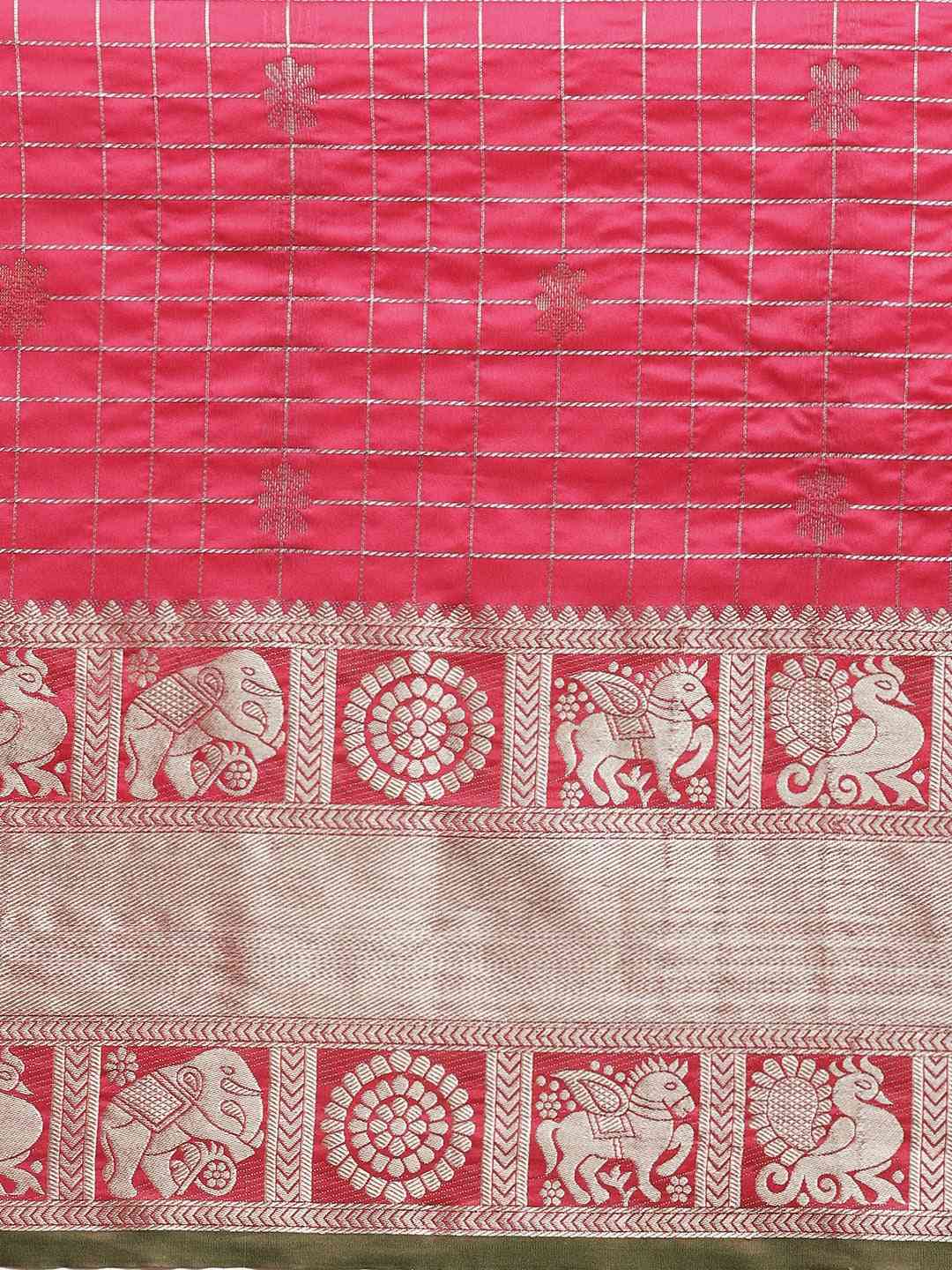 Stylish Rani Colour Checked Banarasi Saree