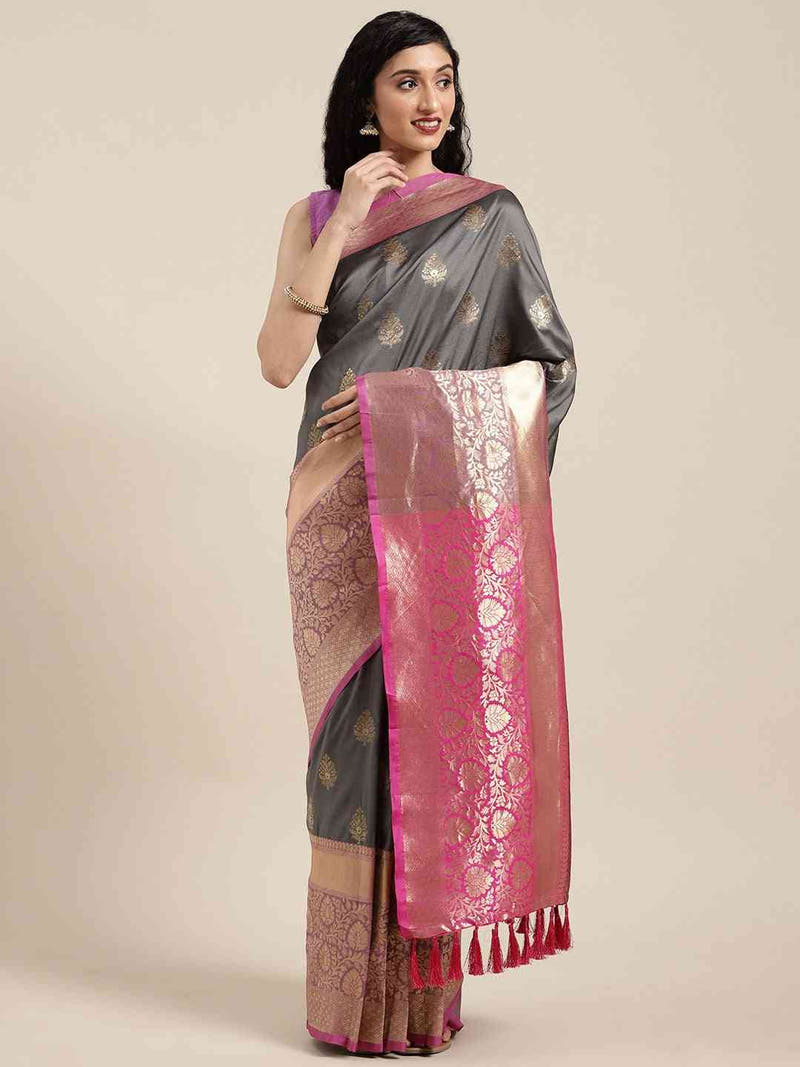 Stylish Grey Colour Zari Woven Banarasi Silk Saree