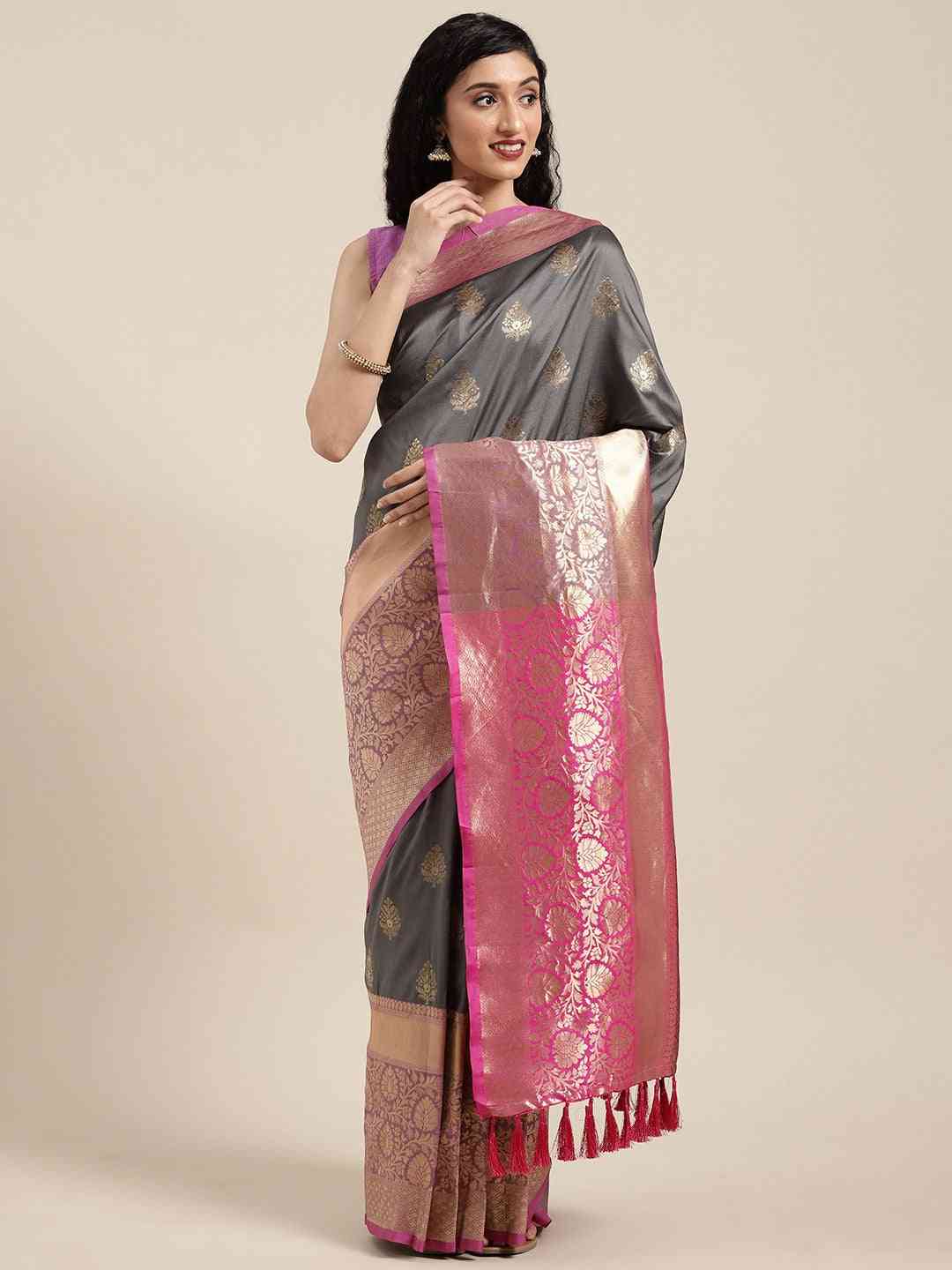 Stylish Grey Colour Zari Woven Banarasi Silk Saree