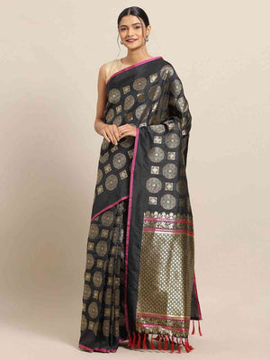 Traditional Black Colour Ethnic Motifs And Zari Silk Banarasi Saree