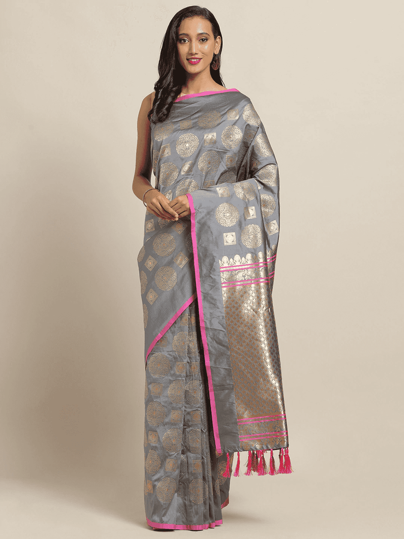 Traditional Grey Colour Ethnic Motifs And Zari Silk Banarasi Saree