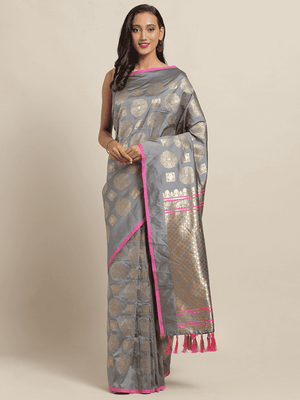 Traditional Grey Colour Ethnic Motifs And Zari Silk Banarasi Saree