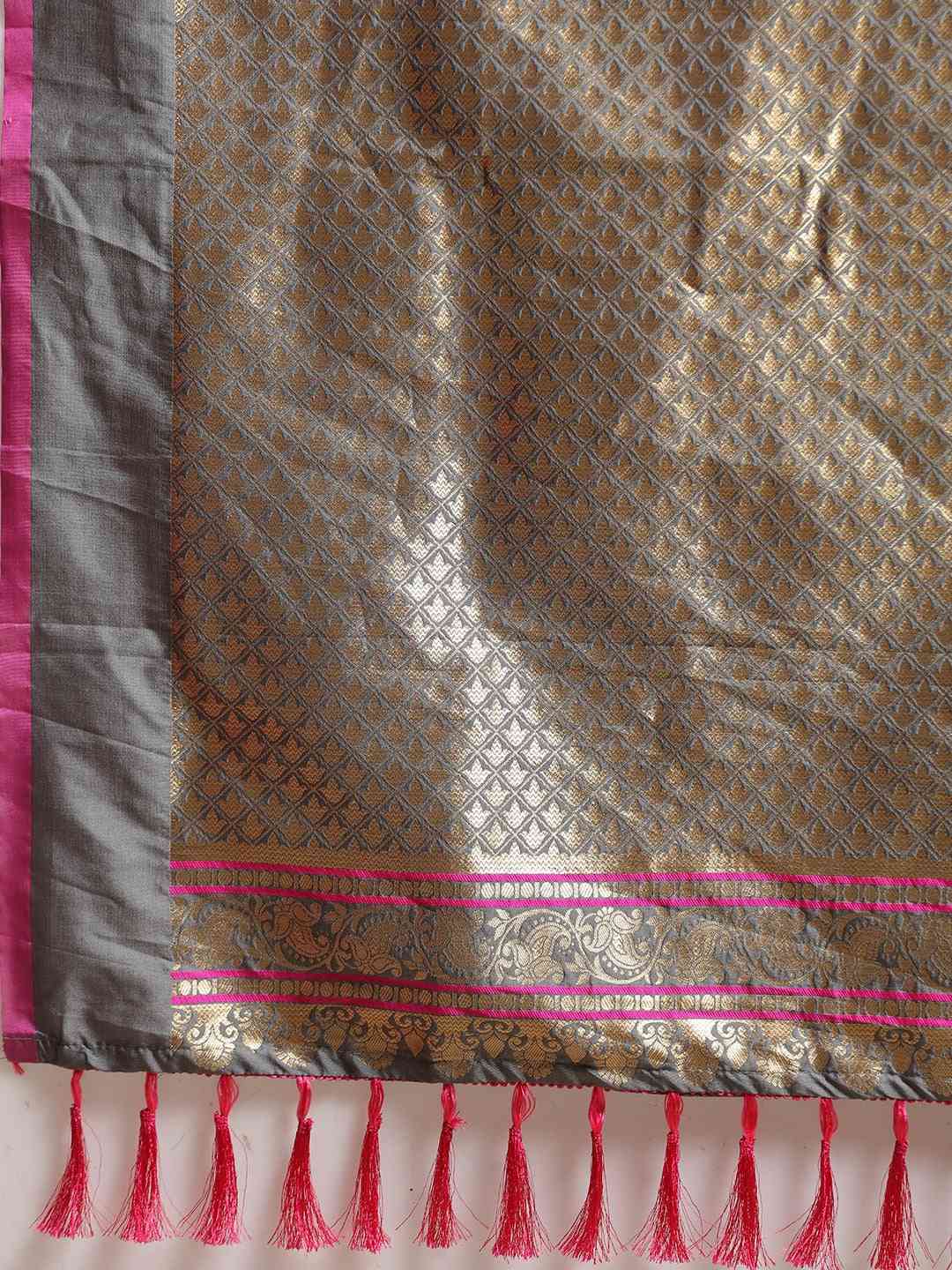 Traditional Grey Colour Ethnic Motifs And Zari Silk Banarasi Saree