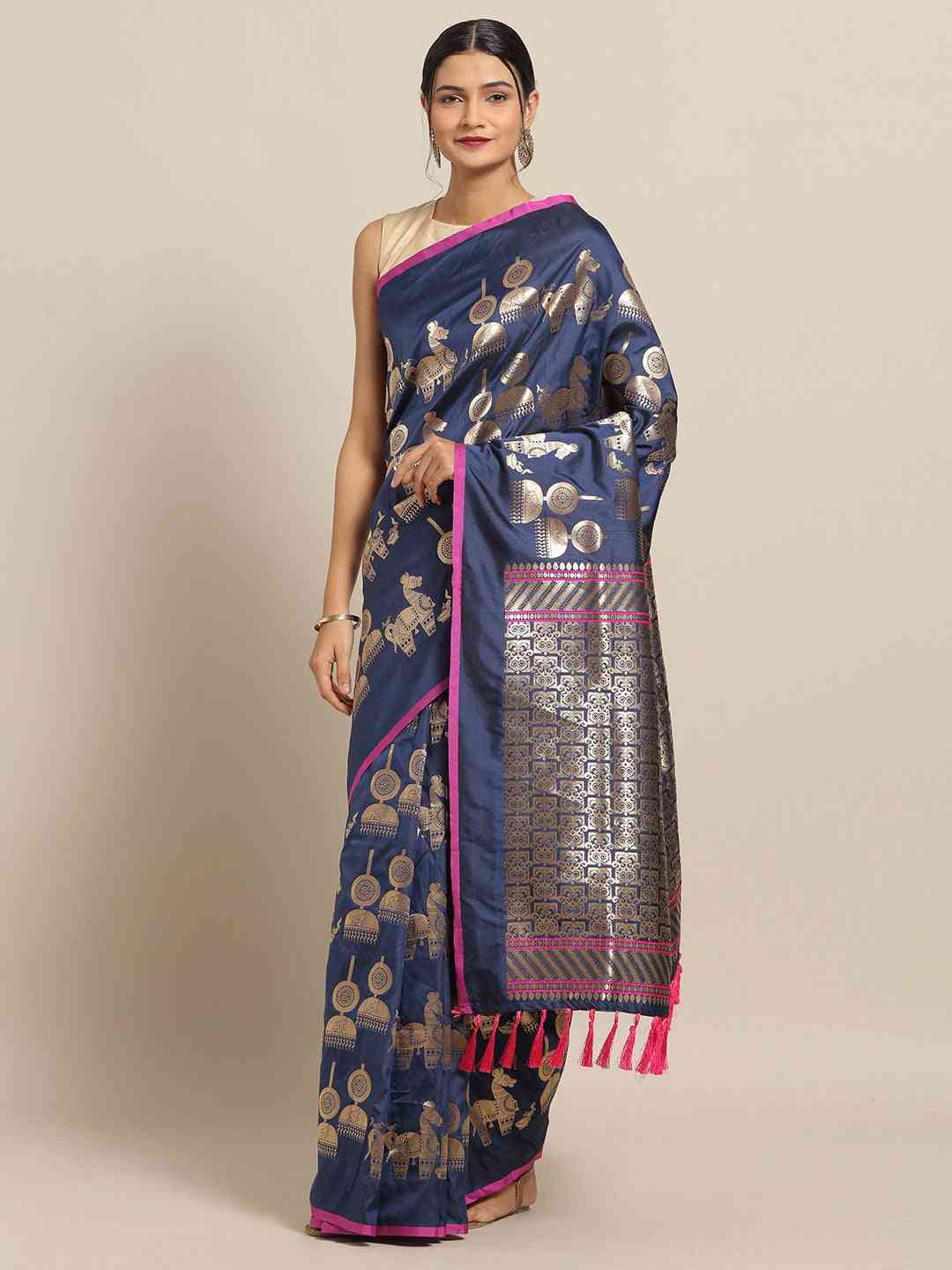 Traditional Navy Colour  Ethnic Motifs Silk Banarasi Saree