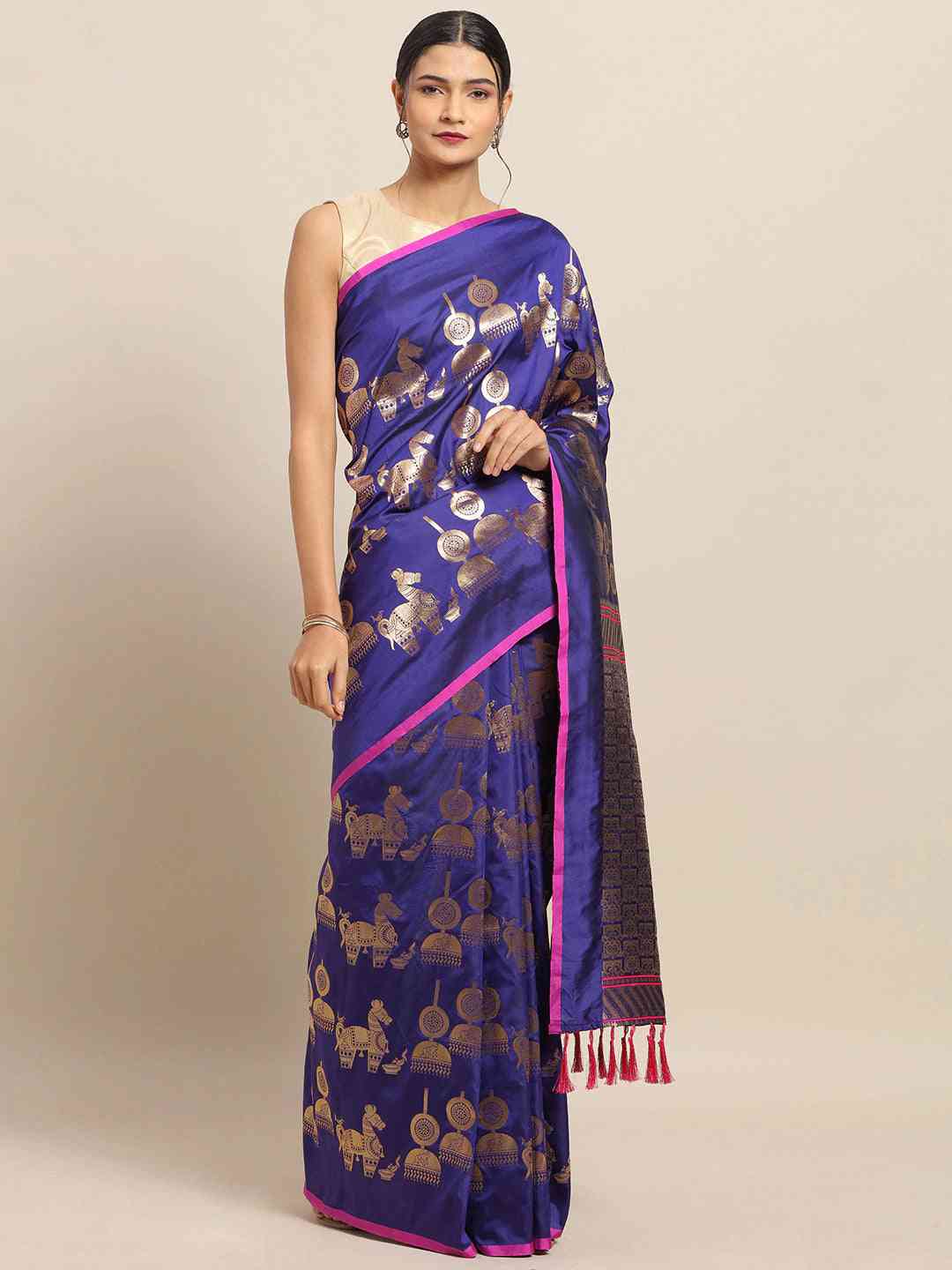 Traditional Blue Colour Ethnic Motifs Silk Banarasi Saree