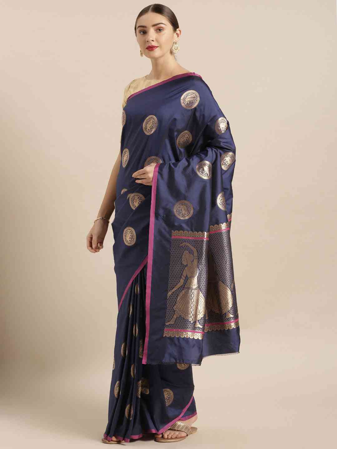 Bollywood Navy Colour Ethnic Motifs And Zari Silk Banarasi Saree