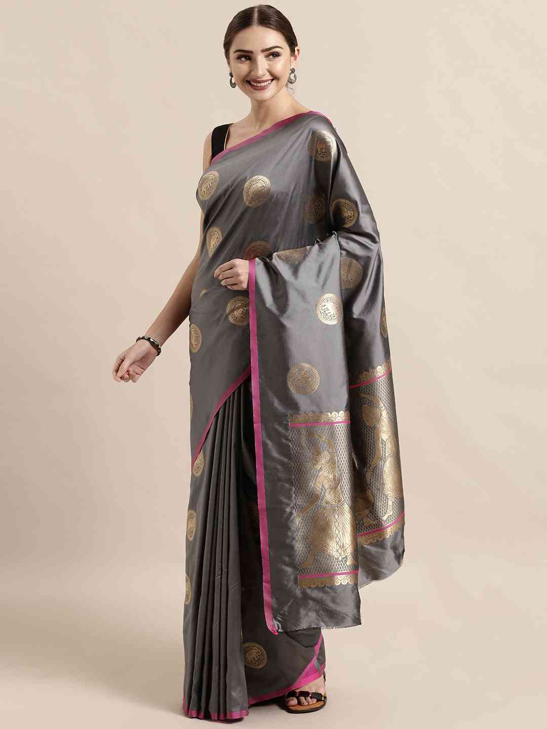 Bollywood Grey Colour Zari Weaving Silk Banarasi Saree