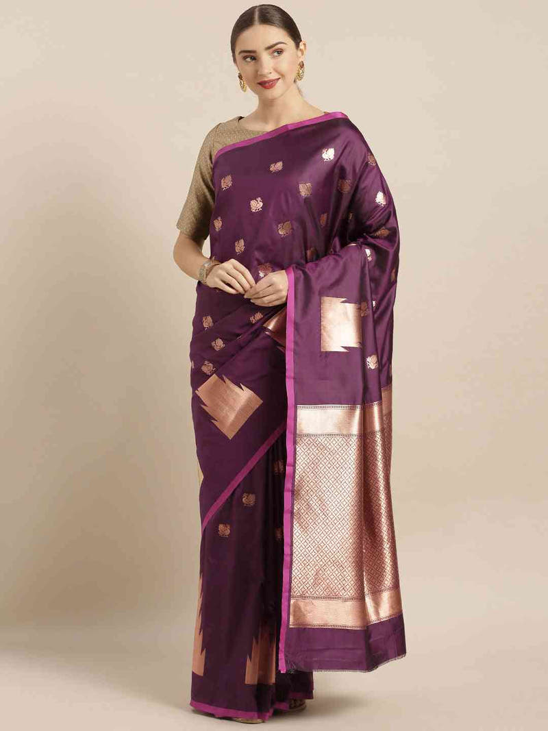 Beautiful Geometric Print Wine Colour Zari Silk Banarasi Saree