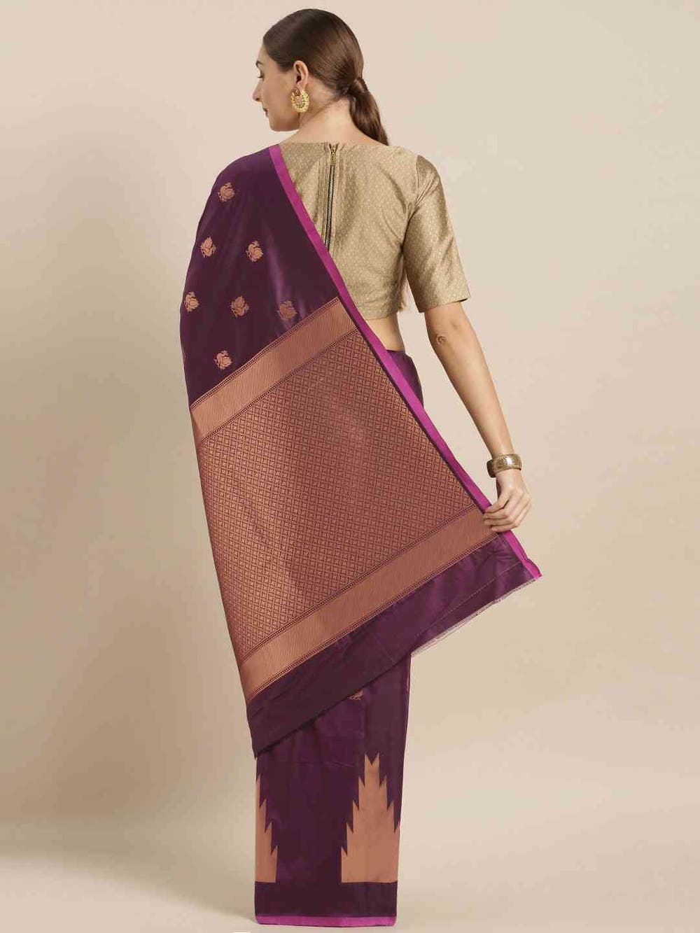 Beautiful Geometric Print Wine Colour Zari Silk Banarasi Saree