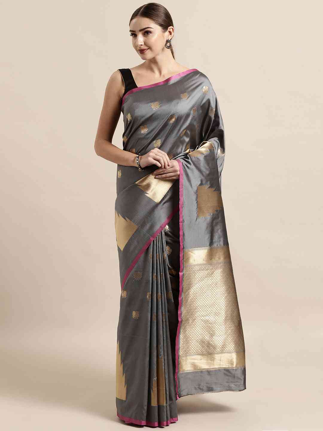 Beautiful Geometric Print Grey Colour Zari Silk Banarasi Saree