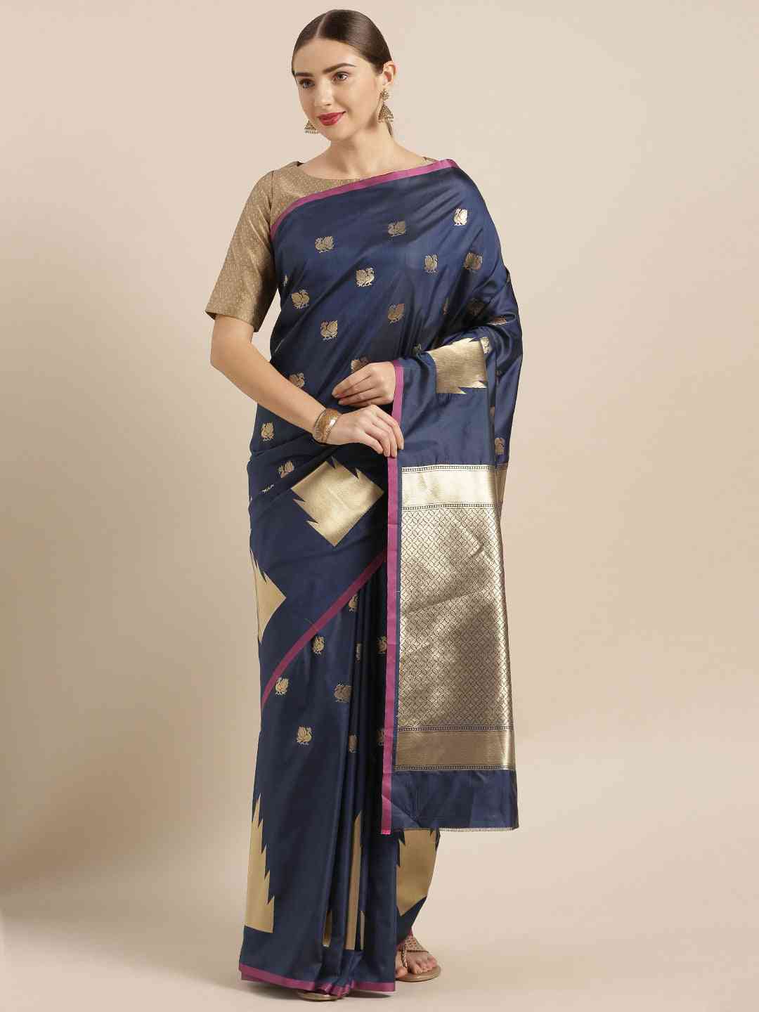 Beautiful Geometric Print Navy Colour Zari Silk Banarasi Saree