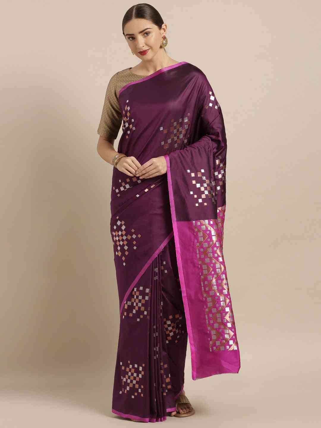 Banarasi Wine Colour Silk Blend Woven Design Saree