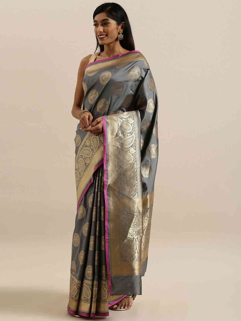 Traditional Grey Colour Silk Blend Banarasi Saree