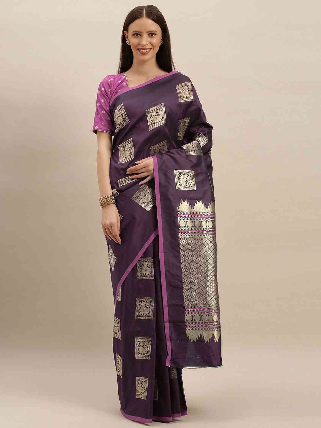 Kanjivaram Wine Colour Silk Blend Woven Design Saree