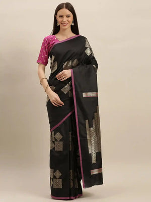 Stylish Kanjivaram Black Colour Silk Blend Woven Design Saree