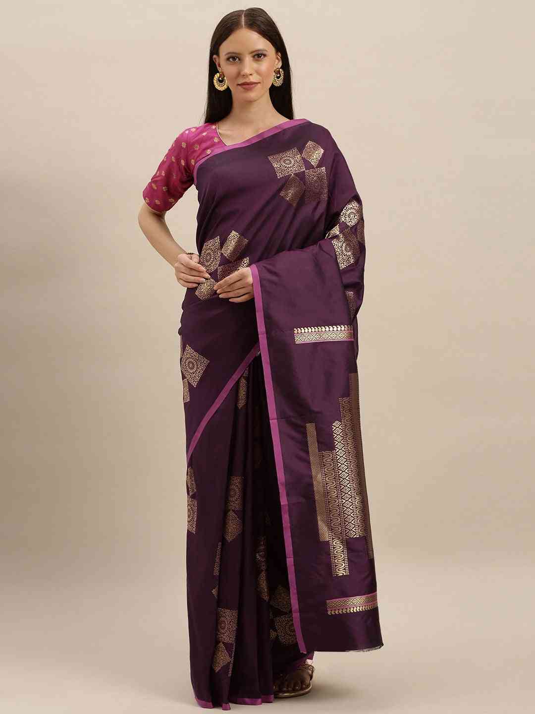 Stylish Kanjivaram Wine Colour Silk Blend Woven Design Saree