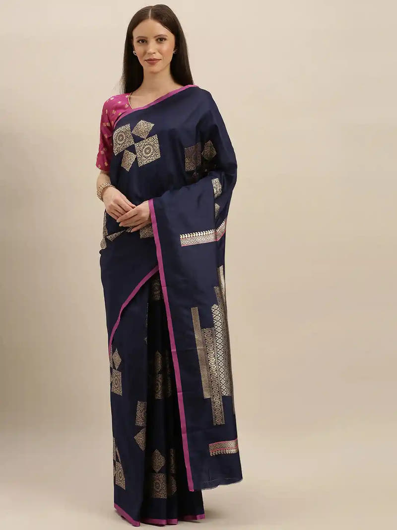 Stylish Kanjivaram Navy Colour Silk Blend Woven Design Saree