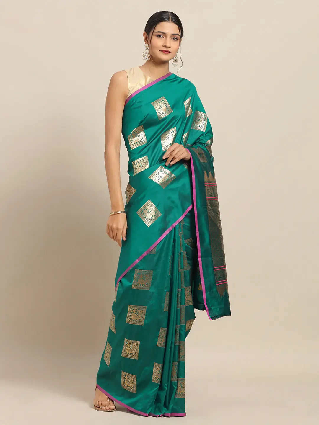 Kanjivaram Rama Colour Silk Blend Woven Design Saree